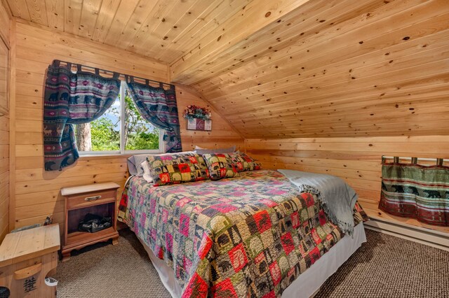 43784 Spider Lake Rd, Marcell, MN 56657 - carpeted bedroom with wooden walls, wood ceiling, and lofted ceiling