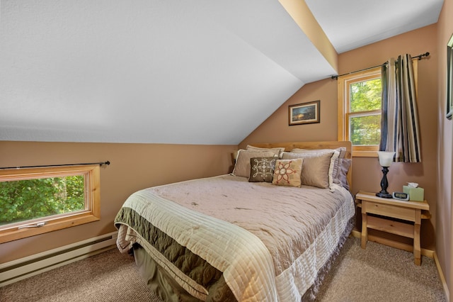 43784 Spider Lake Rd, Marcell, MN 56657 - bedroom featuring a baseboard radiator, carpet floors, and lofted ceiling