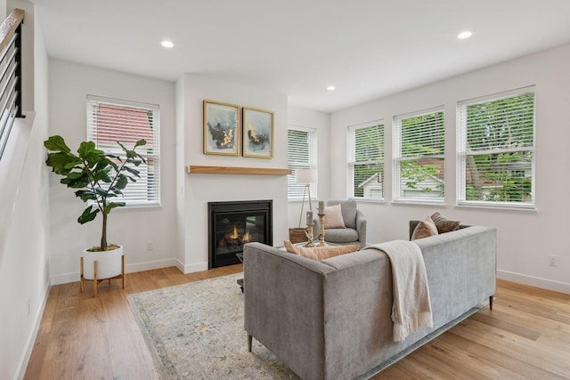 5043 42nd Ave S, Minneapolis, MN 55417 - living area with healthy amount of natural light, a glass covered fireplace, light wood-style flooring, and recessed lighting