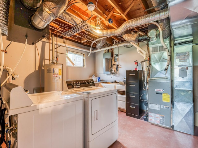 1731 Park Ave NW, Bemidji, MN 56601 - laundry room featuring water heater, independent washer and dryer, electric panel, and heating unit