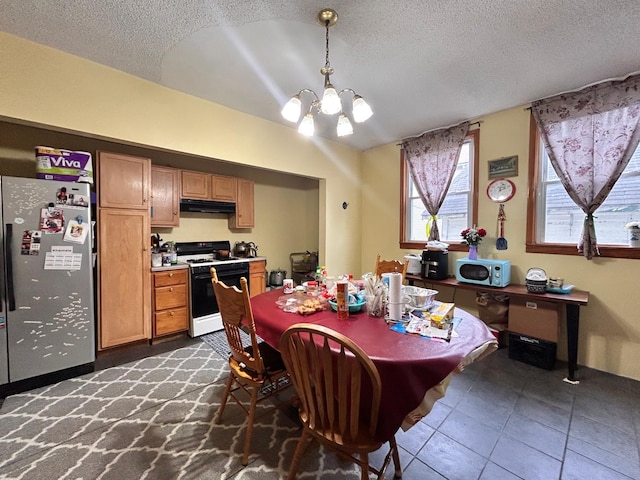 328 Edmund Ave, Saint Paul, MN 55103 - dining space featuring a textured ceiling, a chandelier, and dark tile patterned flooring