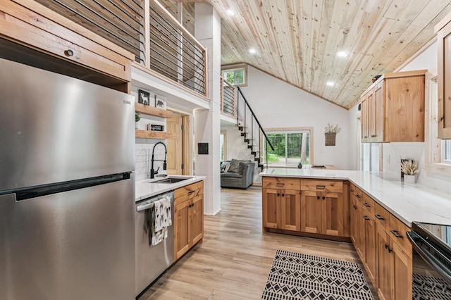 47235 184th Ave, Mcgregor, MN 55760 - kitchen with stainless steel appliances, a peninsula, wood ceiling, open shelves, and light wood-style flooring
