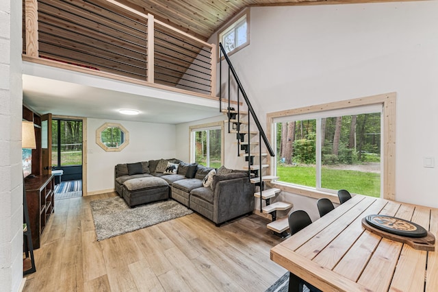 47235 184th Ave, Mcgregor, MN 55760 - living room featuring high vaulted ceiling, wood finished floors, wooden ceiling, and stairs