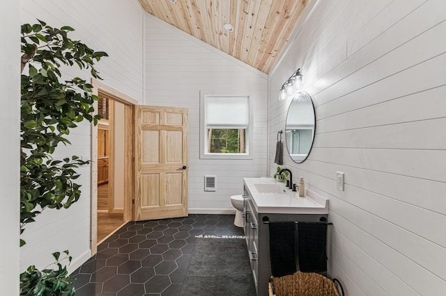 47235 184th Ave, Mcgregor, MN 55760 - bathroom with wooden ceiling, vanity, wooden walls, tile patterned flooring, and high vaulted ceiling
