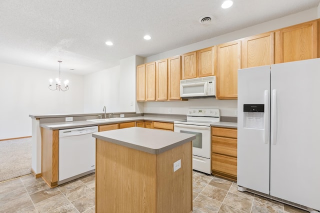 17128 Olson St NW Unit 2508, Elk River, MN 55330 - kitchen with white appliances, light brown cabinetry, a peninsula, a center island, and a chandelier