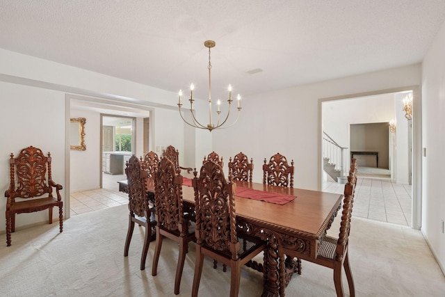 6541 Beach Rd, Eden Prairie, MN 55344 - dining room with a chandelier, light tile patterned floors, light colored carpet, and stairs