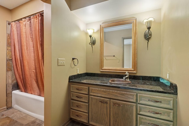 6541 Beach Rd, Eden Prairie, MN 55344 - bathroom with vanity and shower / bathtub combination with curtain