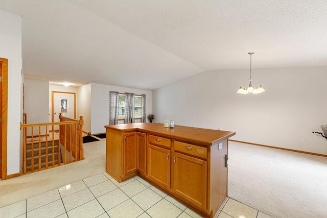 4929 Valley Dr NW, Rochester, MN 55901 - kitchen featuring light colored carpet, a chandelier, vaulted ceiling, pendant lighting, and light tile patterned floors