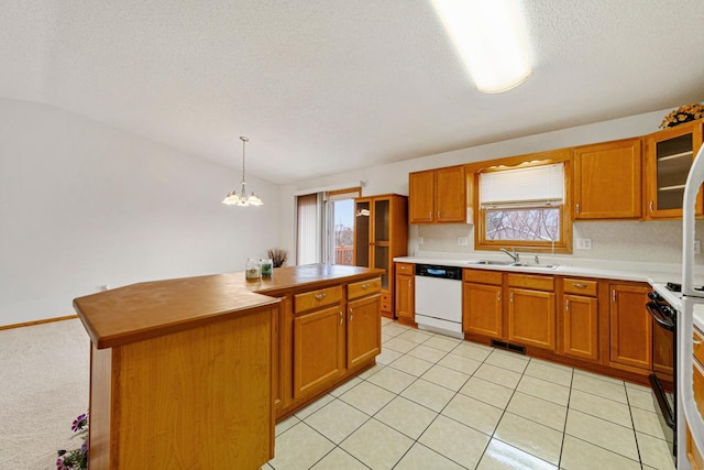 4929 Valley Dr NW, Rochester, MN 55901 - kitchen with white dishwasher, brown cabinets, a chandelier, healthy amount of natural light, and a textured ceiling