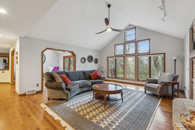 8011 County Road 13 SE, Delano, MN 55328 - living area featuring a ceiling fan, light wood finished floors, track lighting, high vaulted ceiling, and arched walkways