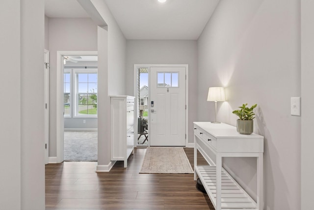 3841 Hyde Ave N, Oakdale, MN 55128 - foyer entrance with dark wood finished floors and a ceiling fan