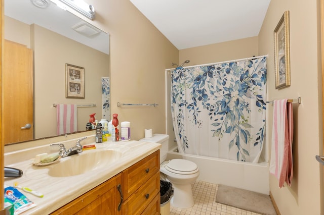 13143 County Road 116, Center Twp, MN 56465 - full bathroom featuring vanity, shower / bathtub combination with curtain, and tile patterned floors
