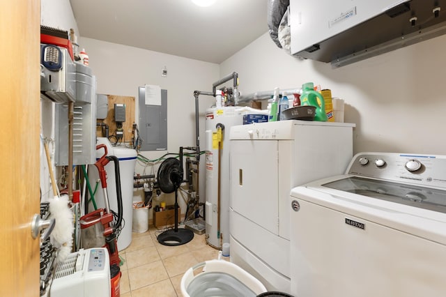 13143 County Road 116, Center Twp, MN 56465 - washroom with electric panel, electric water heater, tile patterned flooring, and separate washer and dryer