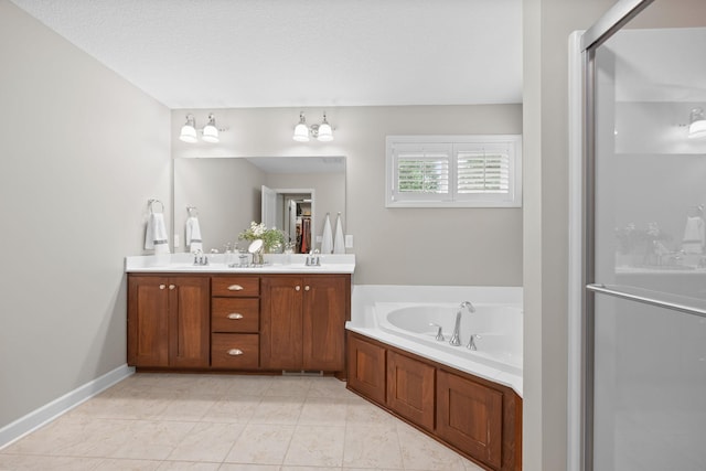 13332 Coachford Ave, Rosemount, MN 55068 - full bathroom with double vanity, a garden tub, tile patterned floors, and an enclosed shower