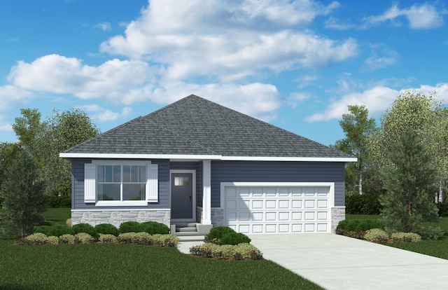 7874 Austin Way, Inver Grove Heights, MN 55077 - view of front of house with stone siding, a shingled roof, a garage, driveway, and a front lawn