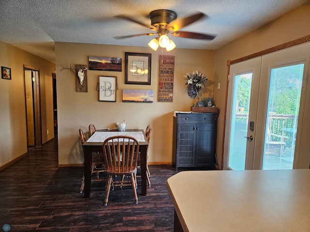 147 5th St, Felton, MN 56536 - dining area with dark wood-style flooring, ceiling fan, french doors, and a textured ceiling