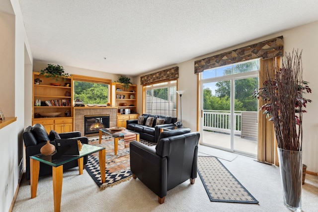 844 Coon Rapids Boulevard Extension NW, Coon Rapids, MN 55433 - living room featuring a textured ceiling, light carpet, and a glass covered fireplace