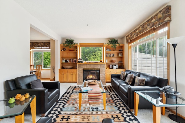 844 Coon Rapids Boulevard Extension NW, Coon Rapids, MN 55433 - carpeted living area featuring a tile fireplace