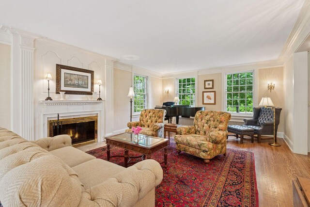 196 Mississippi River Blvd S, Saint Paul, MN 55105 - living area featuring wood finished floors, a fireplace with flush hearth, and crown molding