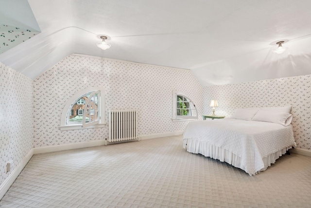 196 Mississippi River Blvd S, Saint Paul, MN 55105 - carpeted bedroom with radiator heating unit, wallpapered walls, and lofted ceiling