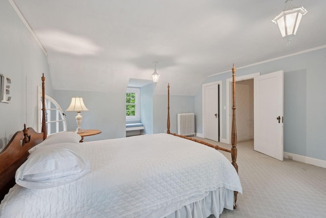 196 Mississippi River Blvd S, Saint Paul, MN 55105 - bedroom featuring radiator heating unit, light carpet, vaulted ceiling, and ornamental molding