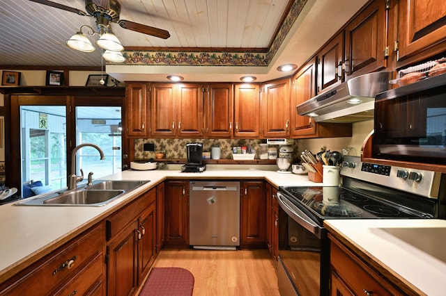 14102 Eau Claire Acres Cir, Gordon, WI 54838 - kitchen with stainless steel appliances, wood ceiling, range hood, a ceiling fan, and light countertops