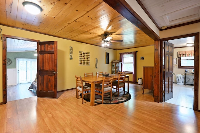 14102 Eau Claire Acres Cir, Gordon, WI 54838 - dining area featuring a ceiling fan, wooden ceiling, light wood-style flooring, and wainscoting