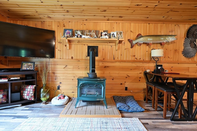 14102 Eau Claire Acres Cir, Gordon, WI 54838 - living area with wood finished floors, a wood stove, wood ceiling, and wood walls