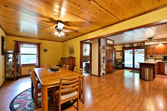 14102 Eau Claire Acres Cir, Gordon, WI 54838 - dining space featuring wooden ceiling, light wood finished floors, plenty of natural light, and ceiling fan
