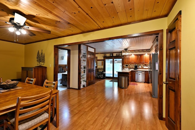14102 Eau Claire Acres Cir, Gordon, WI 54838 - dining area featuring wood ceiling, light wood-style floors, and a ceiling fan