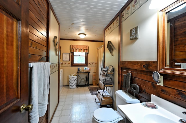 14102 Eau Claire Acres Cir, Gordon, WI 54838 - bathroom featuring tile patterned floors, vanity, a shower with shower curtain, and wooden walls