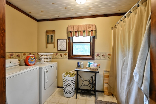 14102 Eau Claire Acres Cir, Gordon, WI 54838 - washroom with washing machine and clothes dryer, wood ceiling, and light flooring
