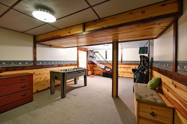 14102 Eau Claire Acres Cir, Gordon, WI 54838 - playroom with carpet flooring, wood walls, and wainscoting
