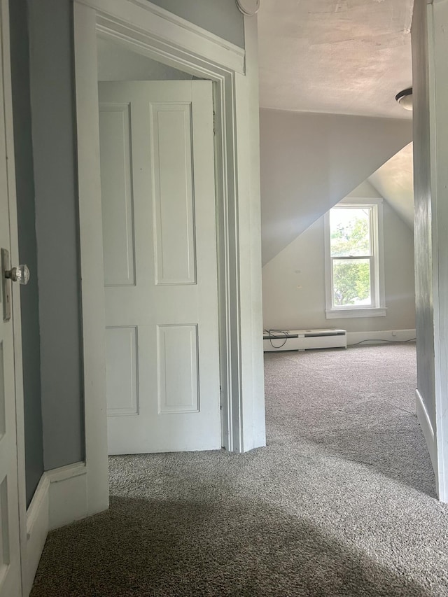 604 7th Ave E, Alexandria, MN 56308 - hall featuring carpet floors, a baseboard radiator, and lofted ceiling