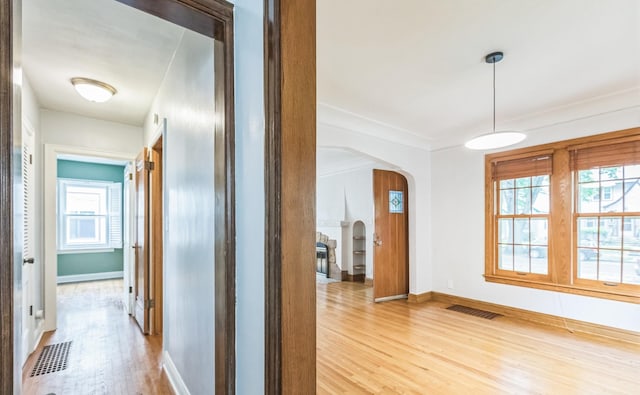5223 15th Ave S, Minneapolis, MN 55417 - hallway featuring arched walkways, light wood-style flooring, and ornamental molding