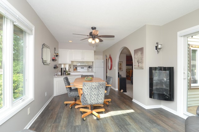 6441 Arthur St NE, Fridley, MN 55432 - dining area featuring arched walkways, dark wood-style flooring, and a ceiling fan