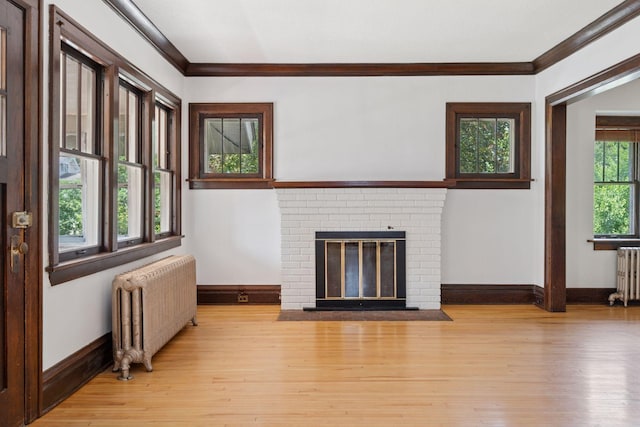 720 40th St, Minneapolis, MN 55409 - unfurnished living room featuring radiator, ornamental molding, light wood-style floors, and a fireplace