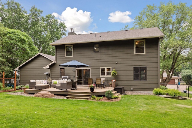 17233 Harrington Way, Lakeville, MN 55044 - back of property with an outdoor living space, a deck, and a chimney
