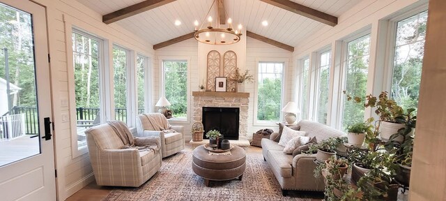 9029 Crown Hill Ct, Brainerd, MN 56401 - sunroom with wood finished floors, plenty of natural light, recessed lighting, wood walls, and a chandelier