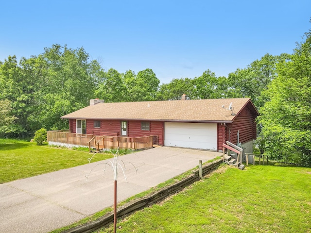 1283 Island Lake Dr NW, Powers Twp, MN 56435 - log-style house featuring a garage, log siding, driveway, a chimney, and a front lawn