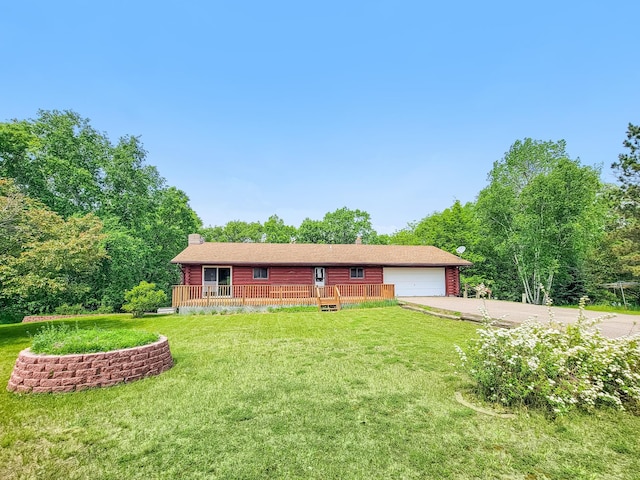 1283 Island Lake Dr NW, Powers Twp, MN 56435 - log-style house featuring a chimney, driveway, an attached garage, and a front yard