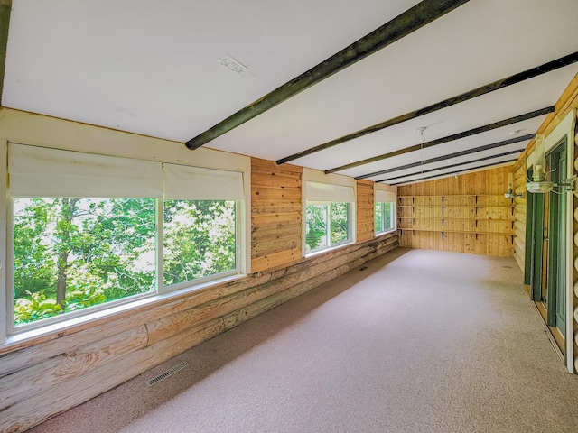 1283 Island Lake Dr NW, Powers Twp, MN 56435 - empty room with wooden walls, beam ceiling, and carpet floors