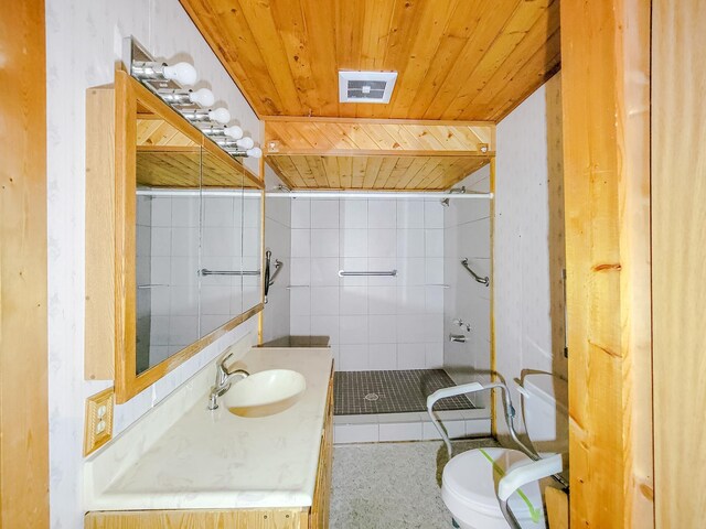 1283 Island Lake Dr NW, Powers Twp, MN 56435 - bathroom featuring wooden ceiling, a shower stall, and vanity
