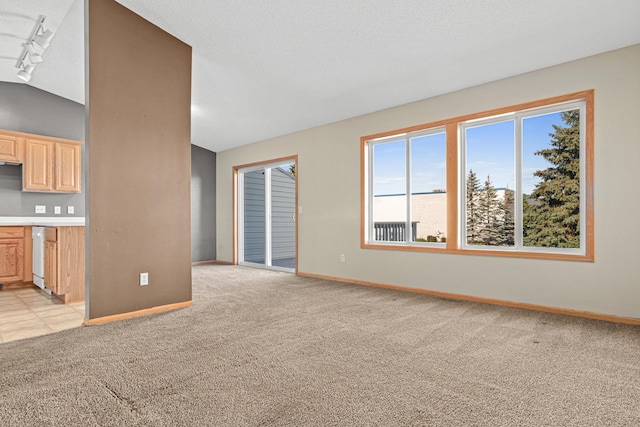 7289 32nd Ave N, Crystal, MN 55427 - unfurnished living room with light carpet, track lighting, and vaulted ceiling