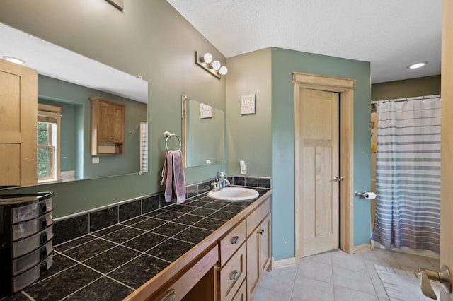 13591 347th St, Chisago Lake Twp, MN 55045 - full bathroom featuring vanity, tile patterned flooring, a textured ceiling, recessed lighting, and curtained shower