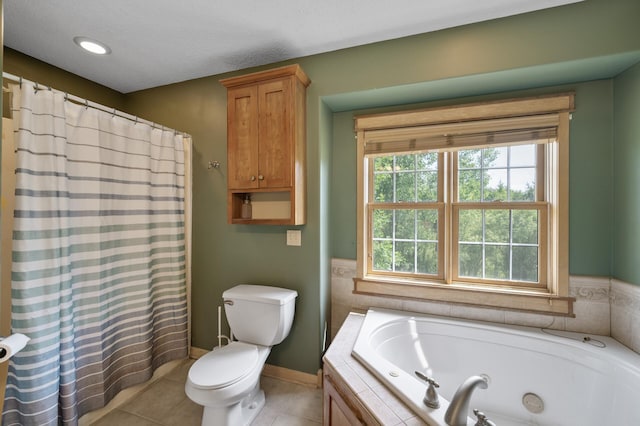 13591 347th St, Chisago Lake Twp, MN 55045 - bathroom featuring a jetted tub, tile patterned flooring, a shower with curtain, and recessed lighting
