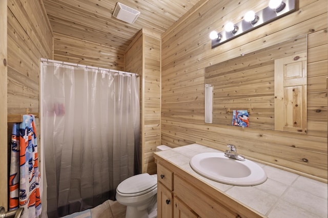 13591 347th St, Chisago Lake Twp, MN 55045 - full bathroom with wooden walls, tile patterned flooring, vanity, a shower with curtain, and wooden ceiling
