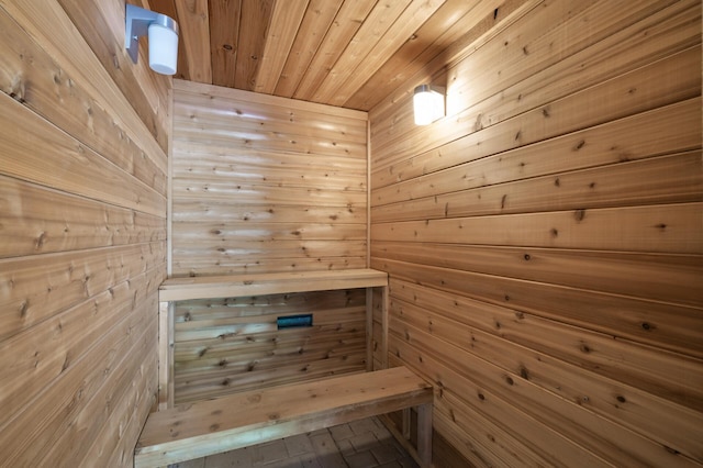 13591 347th St, Chisago Lake Twp, MN 55045 - relaxing sauna / steam room featuring wood walls and wooden ceiling