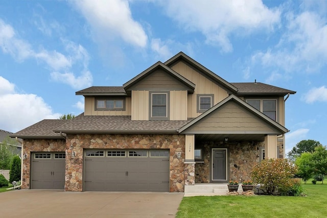 1504 20th Ave S, Sartell, MN 56377 - craftsman-style house with concrete driveway, stone siding, a front yard, board and batten siding, and roof with shingles
