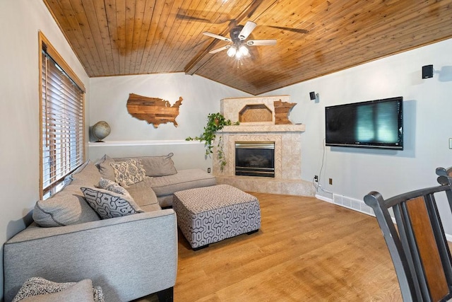 1008 3rd St NE, New Prague, MN 56071 - living area featuring wood ceiling, ceiling fan, wood finished floors, lofted ceiling, and a premium fireplace